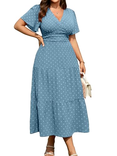 RWJ Women's Plus Size Wrap V Neck Summer Casual Holiday Wedding Maxi Dress - color: Light Blue, size: Large Plus