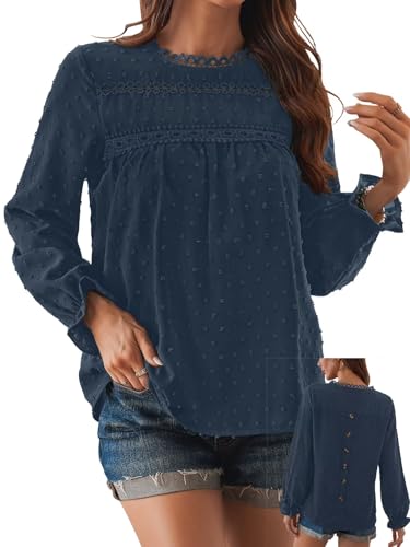 Falechay Boho Tops for Women Ruffle Long Sleeve Crewneck Swiss Dot Shirts - color: Blue, size: Medium