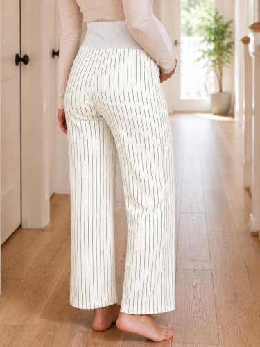 Yousify Womens Maternity Pants Casual Wide Leg Pregnancy Trousers - color: White Striped, size: Small