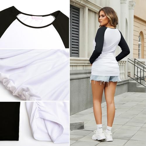 Maternity Shirt Long Sleeve Basic Top Ruch Sides Bodycon Tshirt for Pregnant Women - color: Black and White, size: Medium