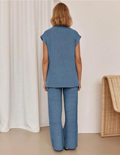 Lviefent Womens 2 Piece Outfits Sweater Set Sleeveless Side Slit Pullover Top Knit Wide Leg Pants Lounge Matching Sets - color: Dustyblue, size: X-Small