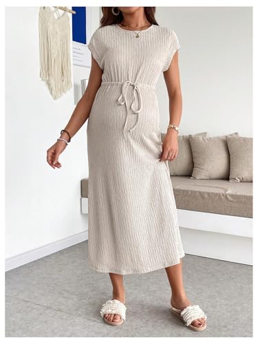OYOANGLE Women's Maternity Summer Casual Short Sleeve Long Midi Dress - color: Apricot, size: Large