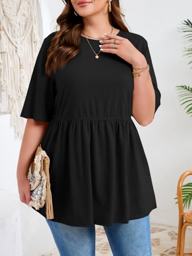 Beautife Womens Plus Size Babydoll Tops Summer Peplum Flowy Tunic Blouses - color: Black, size: 3X-Large Plus