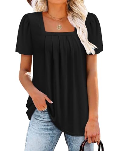 BETTE BOUTIK Womens Summer Tops Short Sleeve Pleated Square Neck Tunics Shirts Blouses S-3XL - color: 0-black, size: Medium
