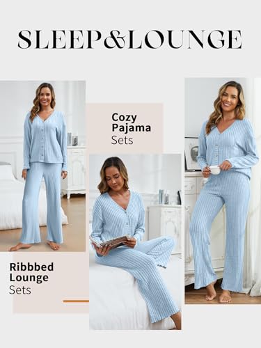 ANRABESS Womens Lounge Set 2 Piece Pajama Sets Ribbed Knit Matching Set - color: Light Blue, size: Large