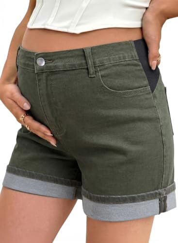 BLENCOT Women's Summer Maternity Jean Shorts Fold Hem Stretchy Denim Pants - color: Dark Green, size: X-Large