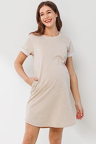 LaClef Womens Short Sleeve Maternity T-Shirt Dress with Pockets - color: Oatmeal, size: X-Large