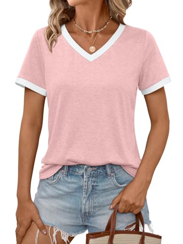 AUTOMET Womens Short Sleeve T-Shirts V Neck Summer Tops Comfy Clothes 2026 - color: Pink, size: Large