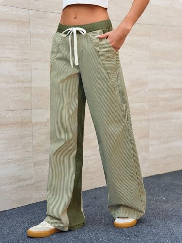 PEIHOT Low Rise Striped Pants for Women Pull On Drawstring Boho Wide Leg Jeans Trendy Green and White
