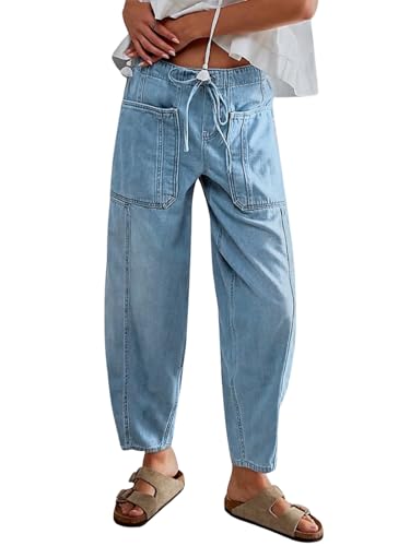 Drawstring Barrel Jeans for Women Elastic Waist Baggy Wide Leg Denim Pants - color: Light Blue, size: X-Large