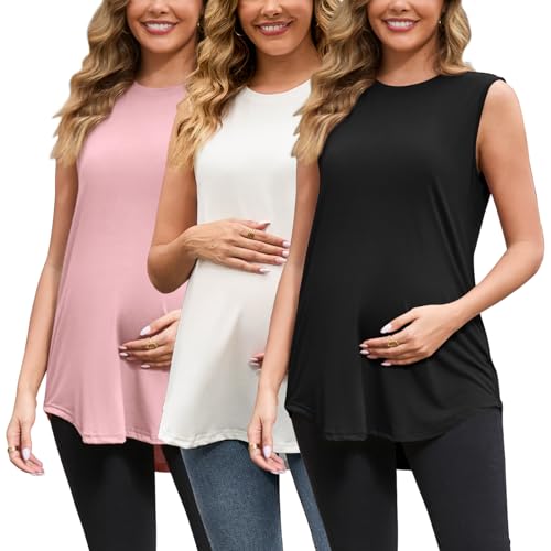GINKANA 3 Pack Maternity Tank Tops Sleeveless Pregnancy Shirts Clothes - color: Peachy Pink/White/Black, size: Medium