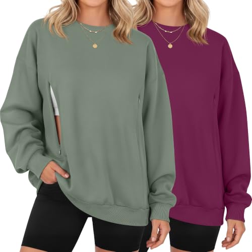 Locoowai 2 Pack Women's Oversize Nursing Sweatshirts - color: Light Green, Rose Red, size: X-Large