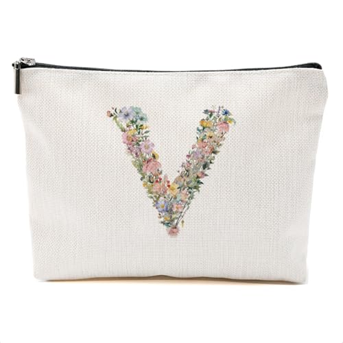 Flowers Initial Makeup Bag, Monogrammed for Women Teacher Bride Mom - color: Floral V, style: Floral