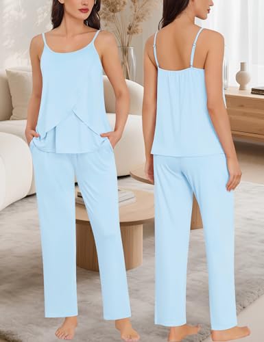 SWOMOG Maternity Pajamas Set 3 PCS Nusing Pajamas Labor and Delivery Gown & Camisole & Pants Postpartum Pjs - color: Lights Blue, size: Medium