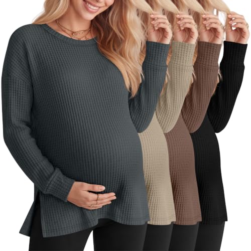 Xaatren 4 Pack Womens Maternity Long Sleeve Shirts Waffle Tops - color: Charcoal Gray, Khaki Green, Brown, Black, size: Medium