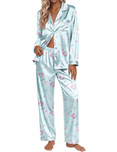 Ekouaer Silk Satin Pajamas for Womens Button Up Long Sleeve Pjs Lounge Set - color: Cat Print, size: X-Large