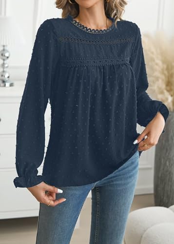Falechay Boho Tops for Women Ruffle Long Sleeve Crewneck Swiss Dot Shirts - color: Blue, size: Large