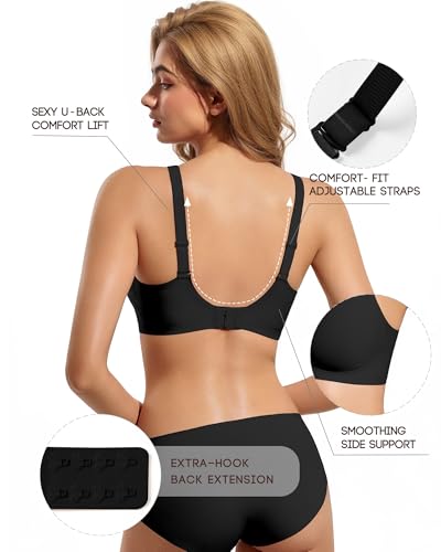 VQJ Women's Jelly Push Up Bra, Wireless Full Coverage Seamless T-Shirt Bra - color: Classic Black, size: Large