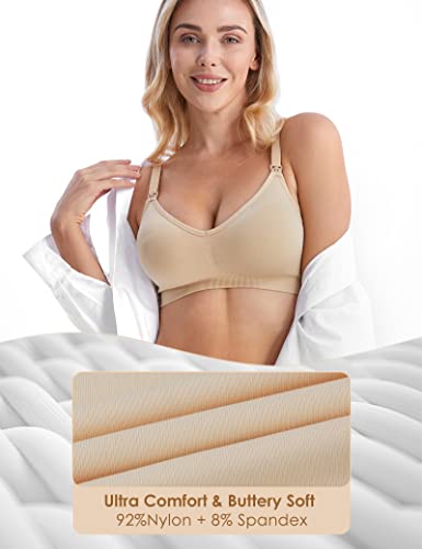 HOFISH Maternity Nursing Bras for Breastfeeding, 3 Pack Pregnancy Deep V Neck Wireless Bra with Extenders & Clips - color: 3pcs/Pack(push Up:beige), size: X-Large