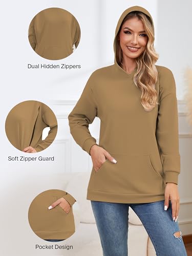 Ecavus Womens Nursing Sweatshirts for Breastfeeding Hidden Zipper Hoodie - color: Light Coffee, size: Small
