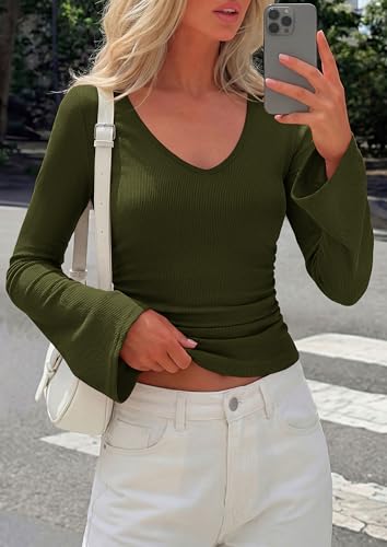 PRETTYGARDEN Womens Fall Cute Tops Bell Long Sleeve Shirts - color: Army Green, size: Medium
