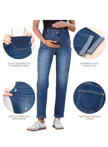 BLENCOT Maternity Jeans High Rise Stretchy Waistband Straight Leg - color: Navy Blue, size: Large