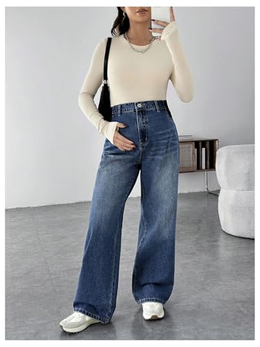MakeMeChic Women's Maternity Jeans Loose Fit Over The Belly Pants - color: Blue, size: Large