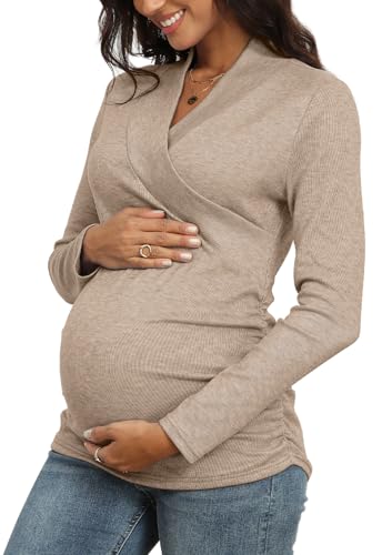 Nursing Top Cross V Neck Ruched Long Sleeve Maternity Shirt - color: Dark Khaki, size: Small