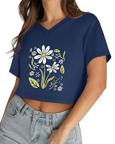 Womens Crop Tops Short Sleeve V Neck Summer Cropped T Shirts Baisc Tees - color: Dark Blue Daisy, size: Small