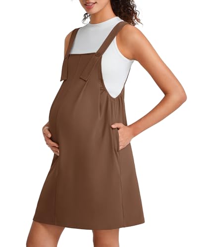 G4Free EverGoing Maternity Overall Dress Adjustable Straps Pregnancy Jumpsuits Dresses with Pockets Casual Work - color: Dark Coffee, size: Medium