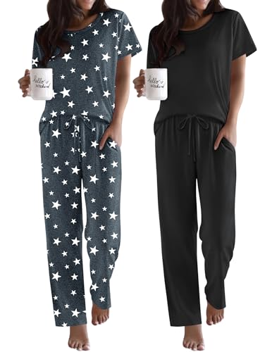 Ekouaer 2 Pack Womens Pajama Set Short Sleeve Top and Printed Pants Soft Pj - color: Black/Grey Star, size: XX-Large