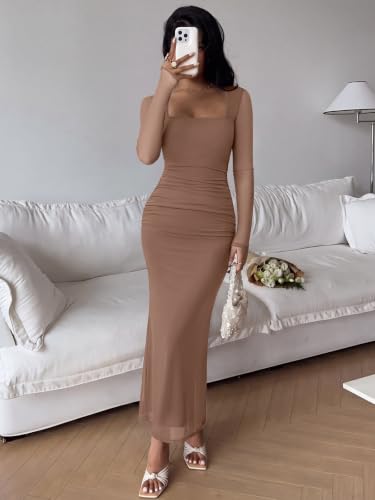 REORIA Womens Long Sleeve Wedding Guest Maxi Dresses - color: Chanterelle, size: X-Small