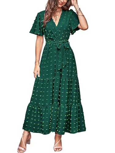MASCOMODA Womens Summer Swiss Dot Maxi Dresses Wrap Boho Floral Long Dress - color: Dark Green, size: X-Large