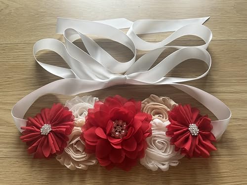 Flowers for Sashes Maternity Pregnancy Sash Belt for Baby Shower Wedding Bride - color: Red