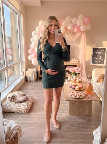 BLENCOT Maternity Dress Fall Long Sleeve Wrap Bodycon Pregnancy Dresses - color: Green, size: Small