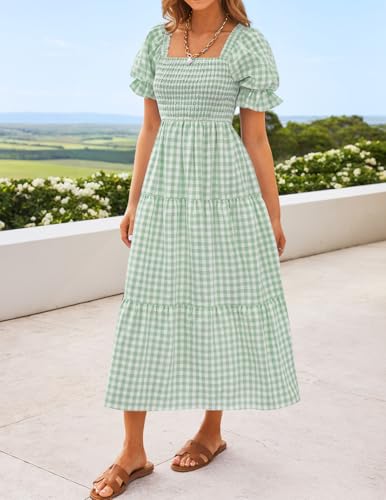 ZESICA Women's Summer Boho Gingham Puff Sleeve Square Neck Beach Midi Dress - color: Green, size: X-Small