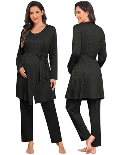 SWOMOG Maternity Nursing Robe Set 3 PCS Postpartum Breastfeeding Pajamas Lounge Hospital Pregnancy Pjs with Robe - color: Black Grey, size: Medium