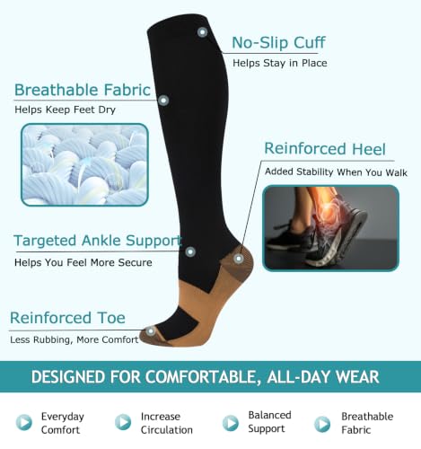 8 Pairs Compression Socks Women Men 15-20mmHg Knee High Support Circulation - color: 022 - Copper Black/Black/Black/Black/Black, size: Small-Medium