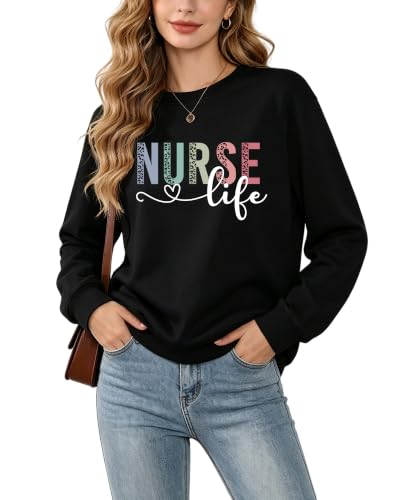 Registered Nurse Sweatshirt Women RN Nurse Long Sleeve Graphic Shirts - color: Black2, size: Large