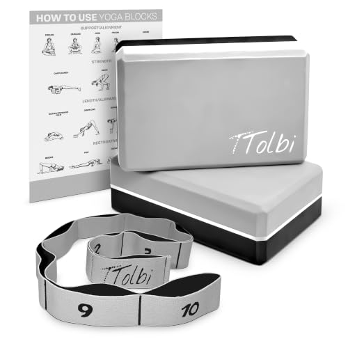 Yoga Blocks 2 Pack with Strap and Guide – Soft Non-Slip EVA Foam Blocks - color: Gray/Black - Stretch Band Gray