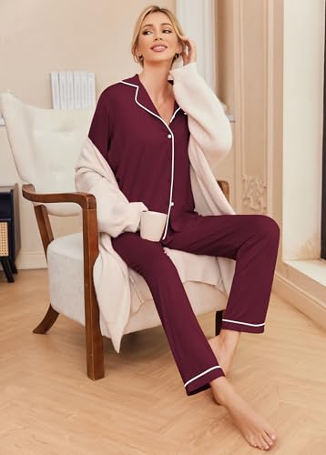 Ekouaer Pajamas Womens Long Sleeve Sleepwear Button Down Loungewear Pjs Set - color: Wine Red, size: X-Small