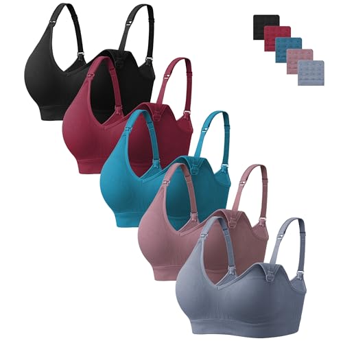 HBselect Nursing Bras for Breastfeeding 5Pack Women Maternity Bras - color: 5pack(wine Red/Lake Blue/Purplebean/Blue/Black), size: XX-Large