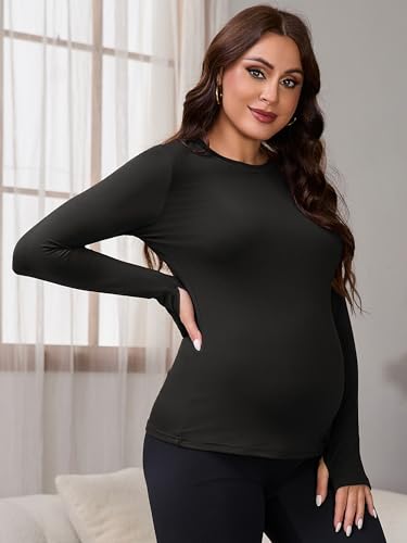 Women Maternity Stretchy Fitted Crew Neck Long Workout Tops - color: Black, size: XX-Large