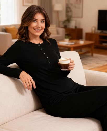 GYS Women's Bamboo Viscose Nursing Pajama Set, Wide Waist Cooling - color: Black, size: Large