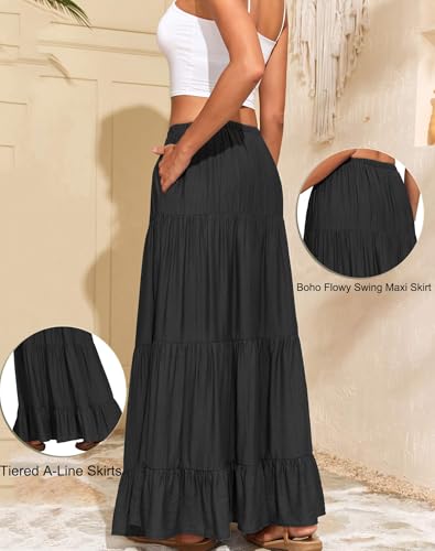 Women Flowy Tiered A Line Maxi Skirt Elastic Waist Beach Skirt with Pocket - color: Black, size: Medium
