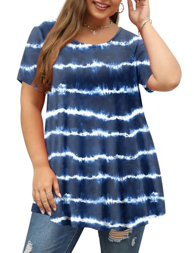 Magritta Women's Short Sleeve Crew Neck Plus Size Tunic Tops - color: Bluewhite, size: 1X