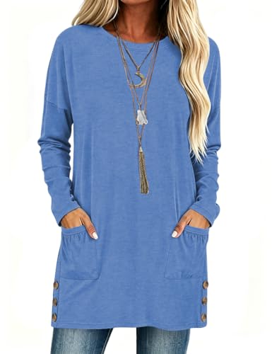 Poetsky Womens Tunic Tops for Leggings with Pockets Side Buttons Batwing Long Sleeve Casual Long Tee Shrits Fall Clothes - color: Navy Blue, size: Medium