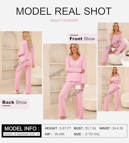 SHEWIN Women's Pajama Sets Ribbed Knit 2 Piece Lounge Sets - color: B Hot Pink, size: X-Large