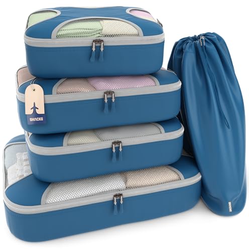 Shacke 5 Set Packing Cubes for Travel with Laundry Bag (Navy Blue) - color: 5 Set - Navy Blue, size: Set of 5