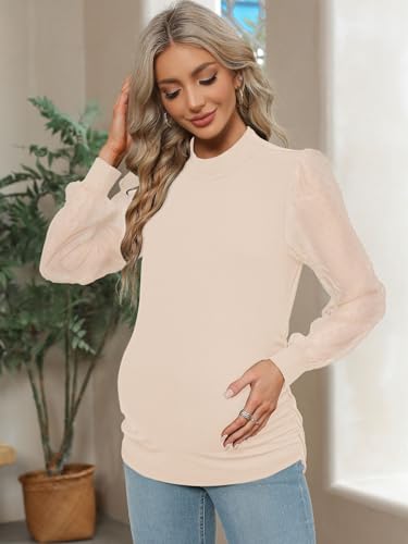 FMEYOA Women's Maternity Shirt Long Sleeve Top Mock Neck Blouse - color: Beige, size: XX-Large
